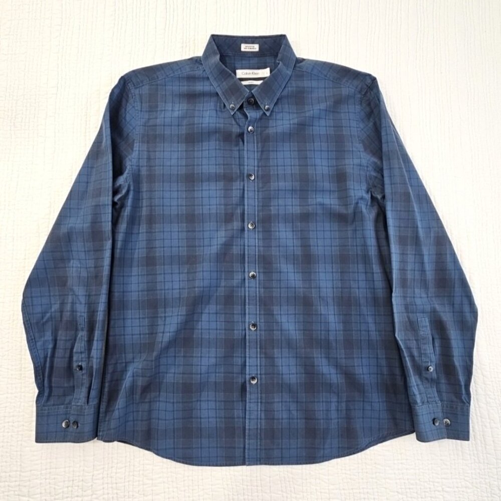Calvin Klein Men's Large Button-Up‎ Shirt Blue Plaid Slim Fit Long Sleeve EUC LN